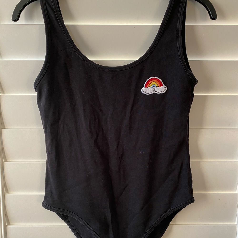 Black tank top bodysuit with rainbow patch